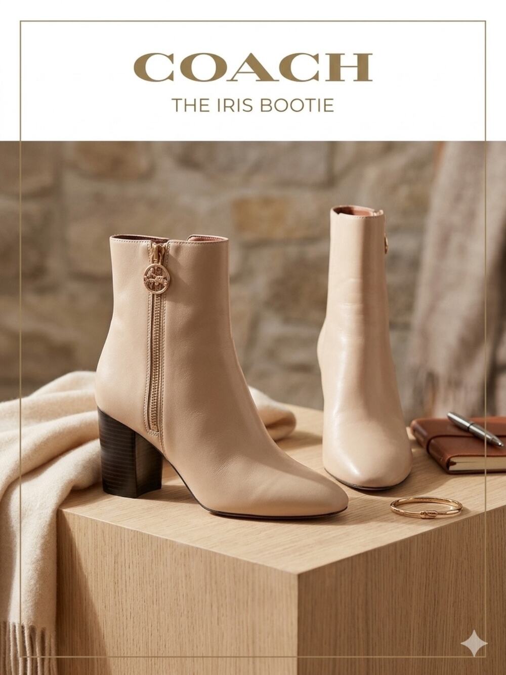Coach Iris Beige Leather Block Heel Ankle Boots